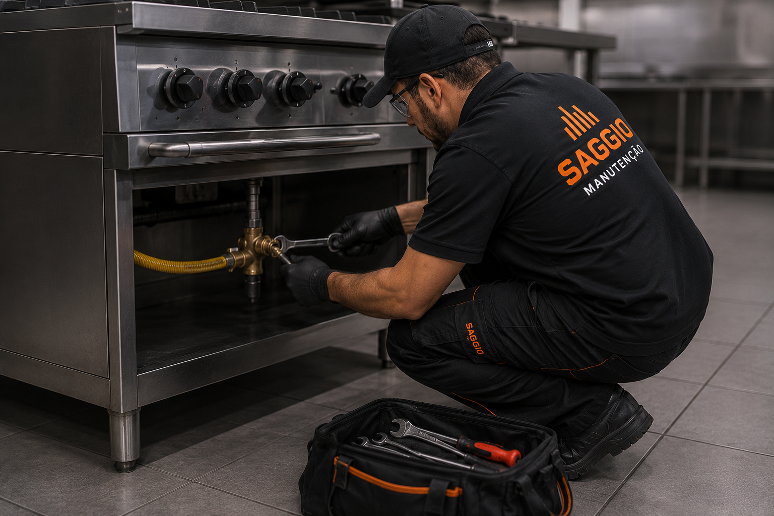 Técnico Saggio Food Service ajustando a conexão de gás sob um fogão industrial de aço inox, com bolsa de ferramentas no piso da cozinha