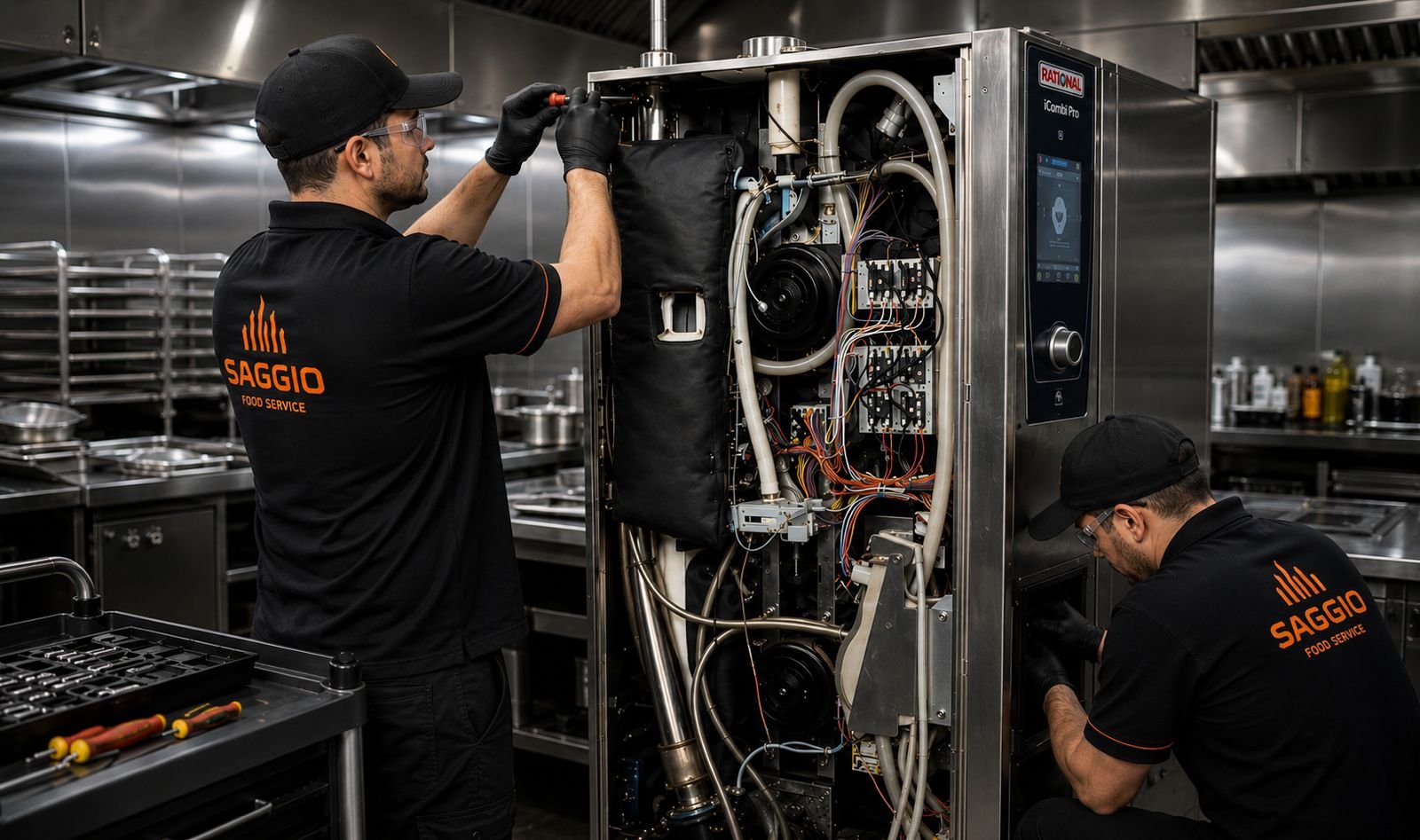Técnicos Saggio Food Service em manutenção de forno combinado Rational iCombi Pro em cozinha industrial de aço inox