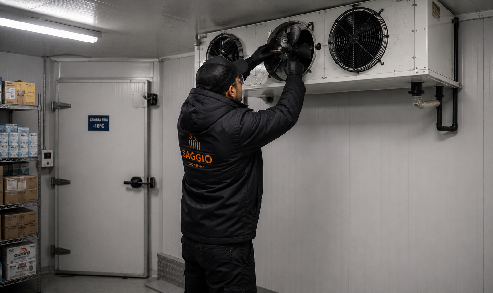 Técnico da Saggio Food Service em manutenção do evaporador de uma câmara fria a -18 °C, com prateleiras de estoque ao fundo
